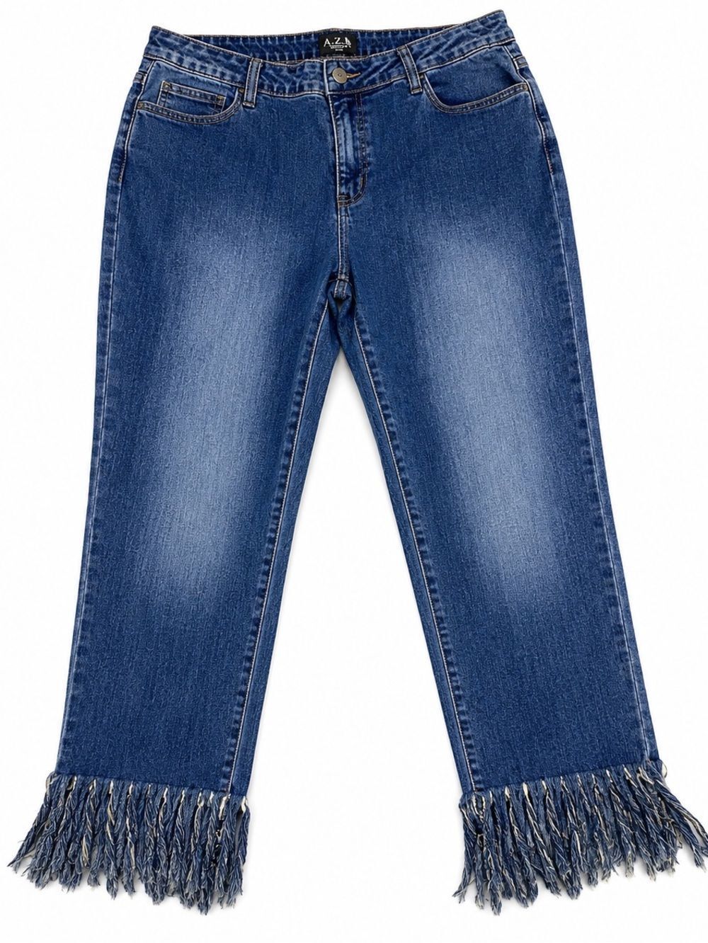 Boho Fringe Hem Cropped Jeans Women 12 Medium Wash Stretch Raw Hem Denim AZI